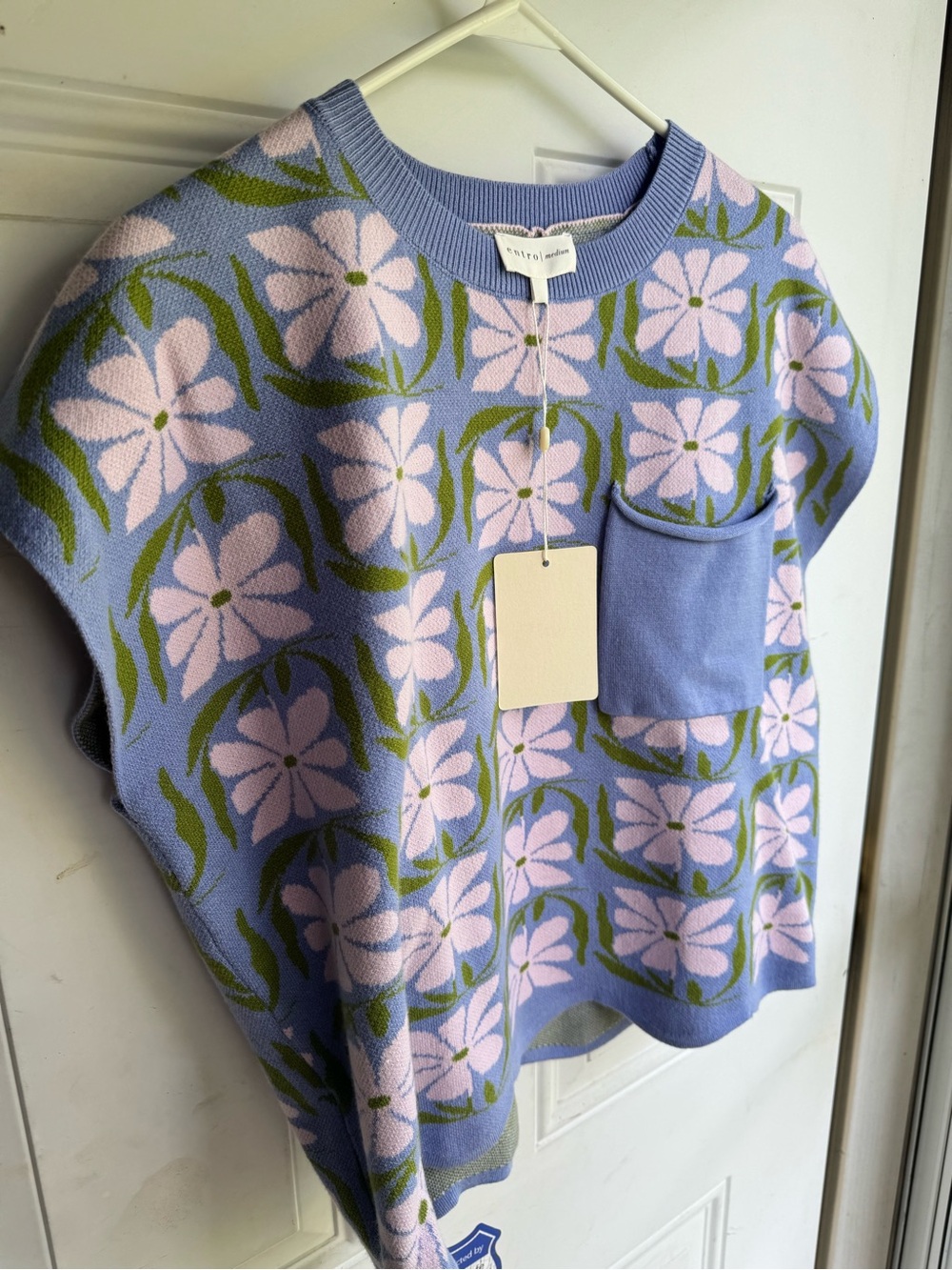 entro Lavender Floral Knit Top with Pink Flowers and Green Leaves